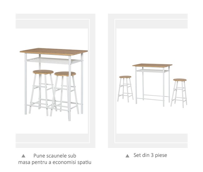 Conforama HOMCOM Juego De Mueble De Bar Set De Mesa Alta Y 2 Taburetes Con Estante De Almacenamiento Y Marco De Metal Para Cocina Comedor 80x50x90 Cm Blanco Y Natural