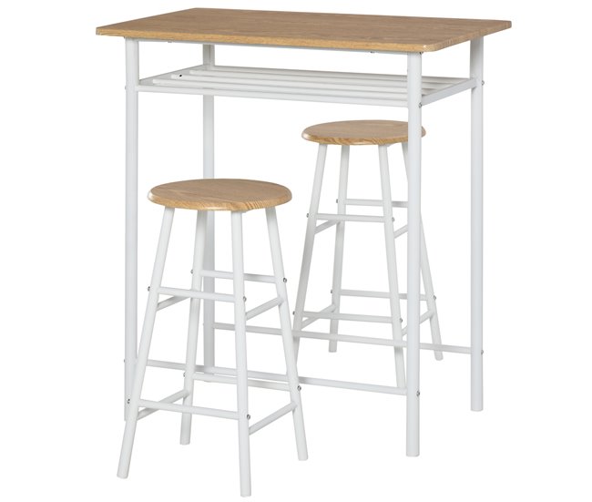 Conforama HOMCOM Juego de Mueble de Bar Set de Mesa Alta y 2 Taburetes con Estante de Almacenamiento y Marco de Metal para Cocina Comedor 80x50x90 cm Blanco y Natural
