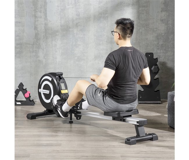 Conforama HOMCOM Máquina De Remo Plegable Remo Para Casa Con 8 Niveles De Resistencia Magnética Volante De 4kg Monitor LCD Silencioso Carga 120kg Para Fitness Entrenamiento Hogar 185x58x57 Cm Negro Y Plata