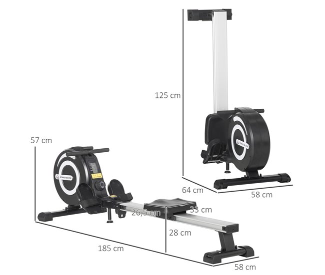 Conforama HOMCOM Máquina De Remo Plegable Remo Para Casa Con 8 Niveles De Resistencia Magnética Volante De 4kg Monitor LCD Silencioso Carga 120kg Para Fitness Entrenamiento Hogar 185x58x57 Cm Negro Y Plata