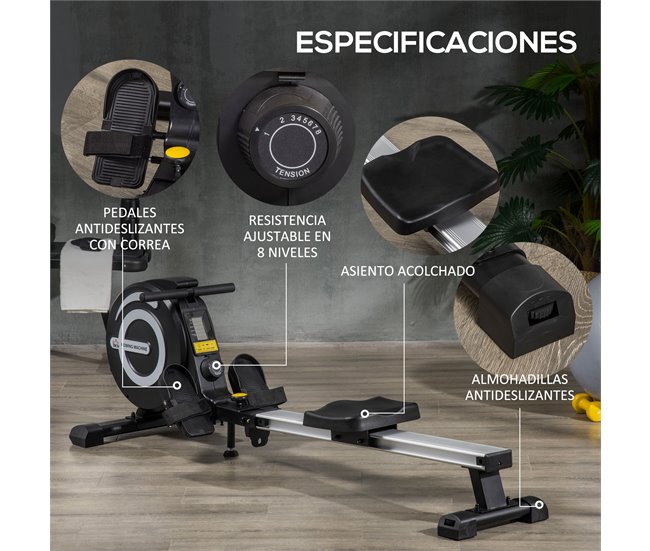 Conforama HOMCOM Máquina De Remo Plegable Remo Para Casa Con 8 Niveles De Resistencia Magnética Volante De 4kg Monitor LCD Silencioso Carga 120kg Para Fitness Entrenamiento Hogar 185x58x57 Cm Negro Y Plata