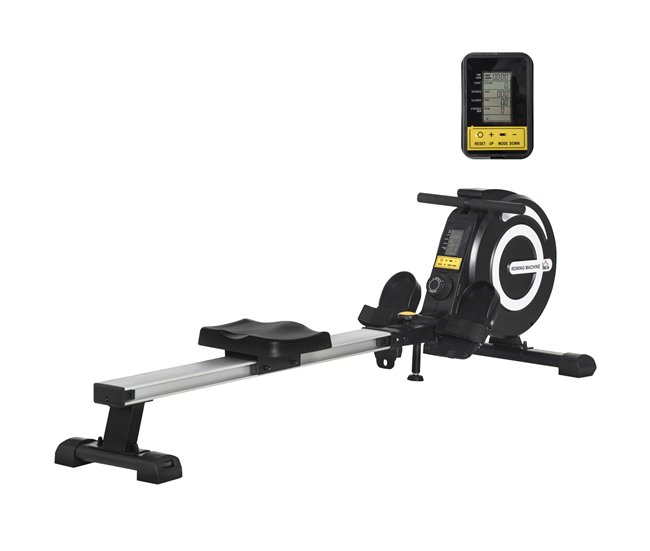 Conforama HOMCOM Máquina de Remo Plegable Remo para Casa con 8 Niveles de Resistencia Magnética Volante de 4kg Monitor LCD Silencioso Carga 120kg para Fitness Entrenamiento Hogar 185x58x57 cm Negro y Plata