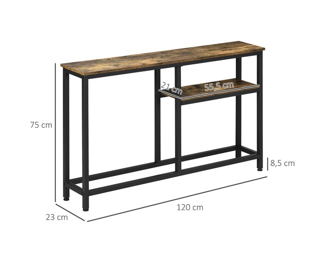 Conforama HOMCOM Mesa Consola Industrial Consola De Recibidor Con Estantes Abiertos Antivuelco Mueble De Recibidor Para Salón Pasillo 120x23x75 Cm Marrón