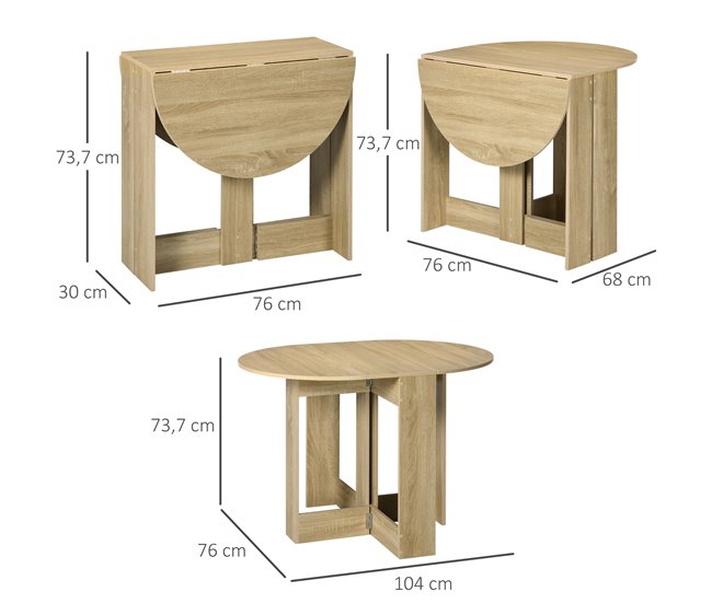 Conforama HOMCOM Mesa Plegable De Comedor Mesa De Cocina Plegable Con 2 Alas Abatibles Mesa Plegable Para 2-4 Personas 104x76x73 7 Cm Roble