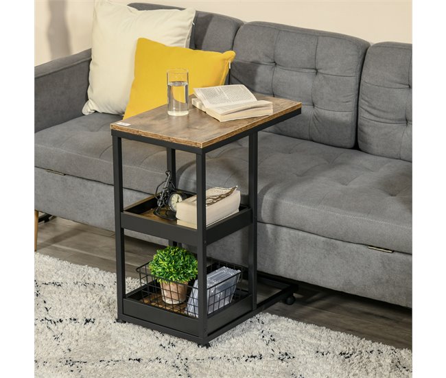 Conforama HOMCOM Mesita Auxiliar Industrial Mesa Auxiliar En Forma De C Con Ruedas Estantes Abiertos Y Marco De Acero Para Salón Dormitorio 51x33x66 Cm Marrón Oscuro