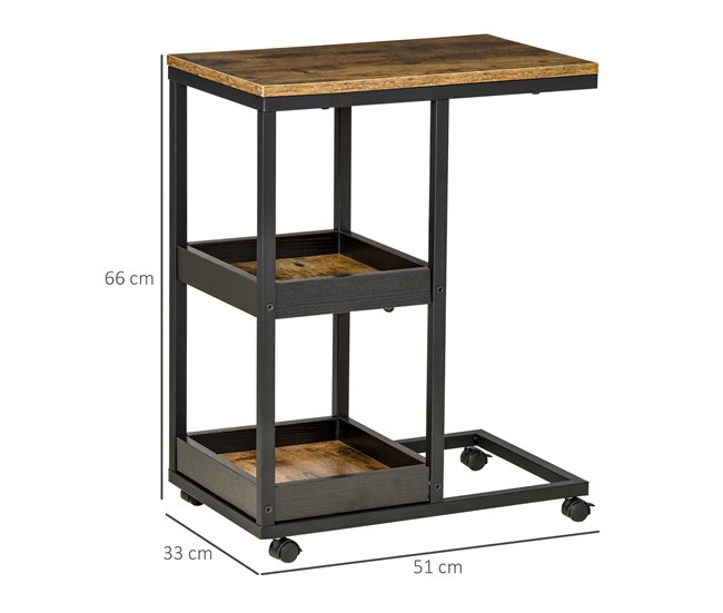 Conforama HOMCOM Mesita Auxiliar Industrial Mesa Auxiliar En Forma De C Con Ruedas Estantes Abiertos Y Marco De Acero Para Salón Dormitorio 51x33x66 Cm Marrón Oscuro