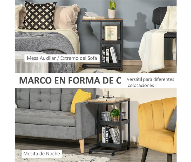 Conforama HOMCOM Mesita Auxiliar Industrial Mesa Auxiliar En Forma De C Con Ruedas Estantes Abiertos Y Marco De Acero Para Salón Dormitorio 51x33x66 Cm Marrón Oscuro