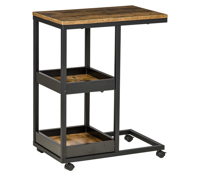 Conforama HOMCOM Mesita Auxiliar Industrial Mesa Auxiliar en Forma de C con Ruedas Estantes Abiertos y Marco de Acero para Salón Dormitorio 51x33x66 cm Marrón Oscuro