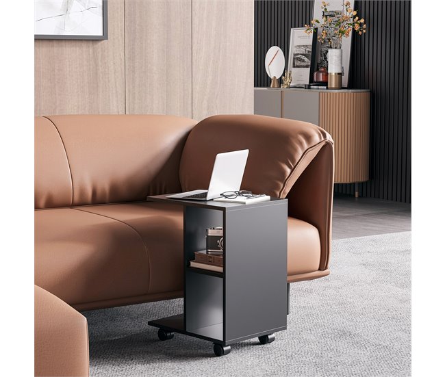 Conforama HOMCOM Mesita Auxiliar Moderno Mesa Auxiliar En Forma De C Con Ruedas Estantes Abiertos Para Salón Dormitorio 45x35x58 Cm Negro