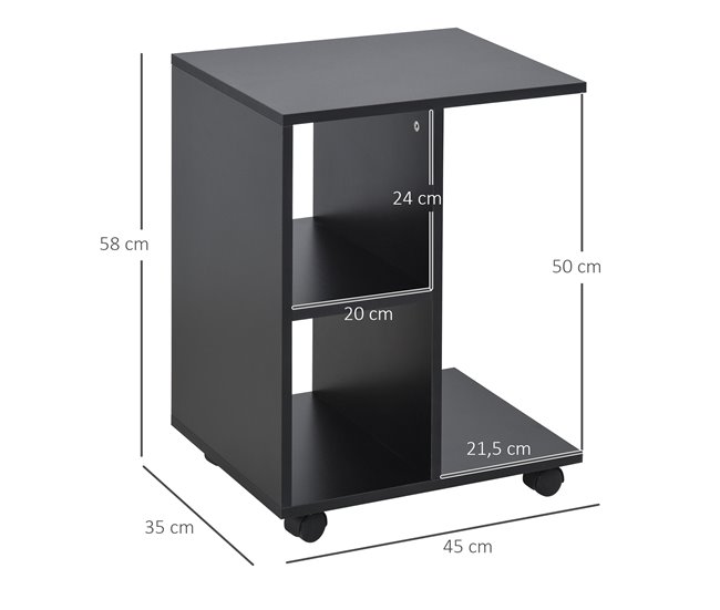 Conforama HOMCOM Mesita Auxiliar Moderno Mesa Auxiliar En Forma De C Con Ruedas Estantes Abiertos Para Salón Dormitorio 45x35x58 Cm Negro