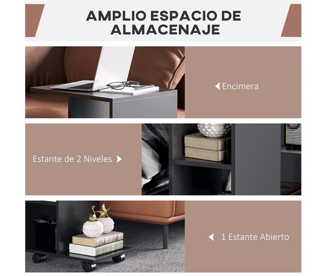 Conforama HOMCOM Mesita Auxiliar Moderno Mesa Auxiliar En Forma De C Con Ruedas Estantes Abiertos Para Salón Dormitorio 45x35x58 Cm Negro