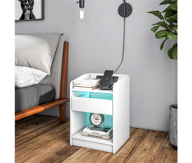 Conforama HOMCOM Mesita De Noche Mesilla De Noche Con Luces LED Mesa De Noche Con Cajón Estante Estación De Carga Puertos USB Y Control Remoto 40x40x58 Cm Blanco