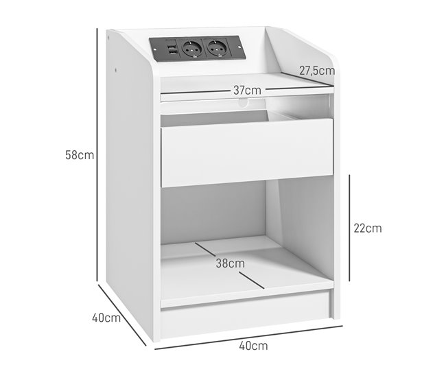 Conforama HOMCOM Mesita De Noche Mesilla De Noche Con Luces LED Mesa De Noche Con Cajón Estante Estación De Carga Puertos USB Y Control Remoto 40x40x58 Cm Blanco
