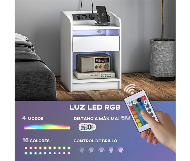 Conforama HOMCOM Mesita De Noche Mesilla De Noche Con Luces LED Mesa De Noche Con Cajón Estante Estación De Carga Puertos USB Y Control Remoto 40x40x58 Cm Blanco