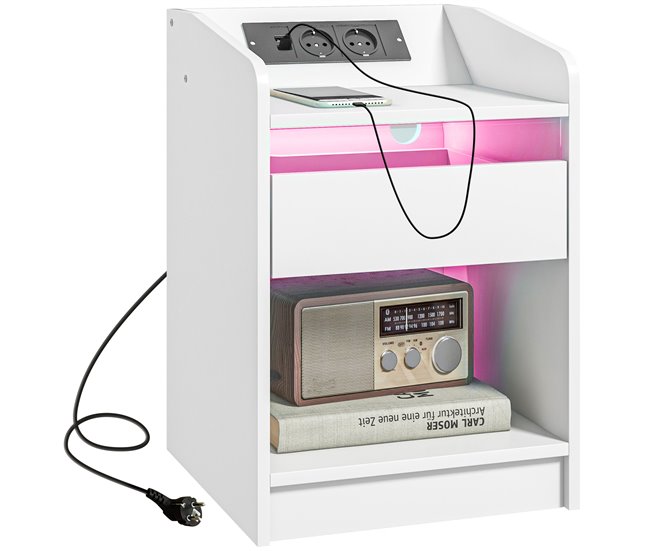 Conforama HOMCOM Mesita de Noche Mesilla de Noche con Luces LED Mesa de Noche con Cajón Estante Estación de Carga Puertos USB y Control Remoto 40x40x58 cm Blanco
