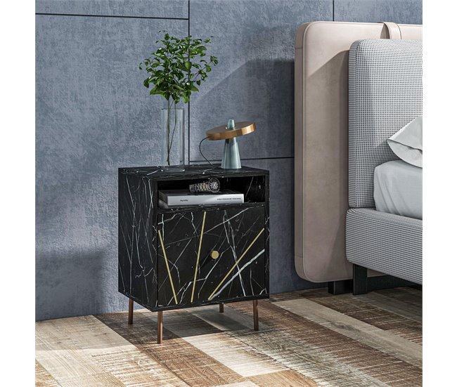 Conforama HOMCOM Mesita De Noche Moderna Mesilla De Noche Con Efecto Mármol Compartimiento Abierto Y Cajón Mesa De Noche Para Dormitorio 39x30x50 Cm Negro