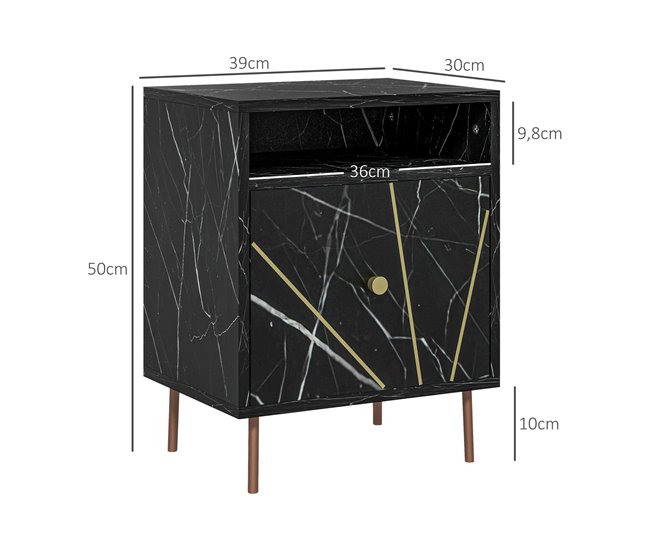 Conforama HOMCOM Mesita De Noche Moderna Mesilla De Noche Con Efecto Mármol Compartimiento Abierto Y Cajón Mesa De Noche Para Dormitorio 39x30x50 Cm Negro