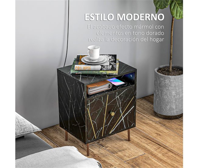 Conforama HOMCOM Mesita De Noche Moderna Mesilla De Noche Con Efecto Mármol Compartimiento Abierto Y Cajón Mesa De Noche Para Dormitorio 39x30x50 Cm Negro