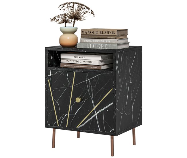 Conforama HOMCOM Mesita de Noche Moderna Mesilla de Noche con Efecto Mármol Compartimiento Abierto y Cajón Mesa de Noche para Dormitorio 39x30x50 cm Negro