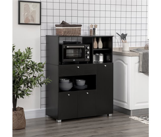 Conforama HOMCOM Mueble Auxiliar De Cocina Mueble Para Microondas Aparador De Cocina Con Cajón Estantes 3 Puertas 3 Compartimientos Diseño Anti-vuelco Para Comedor 90x40x120 Cm Negro