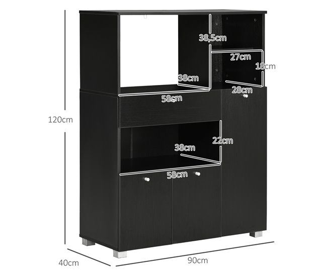 Conforama HOMCOM Mueble Auxiliar De Cocina Mueble Para Microondas Aparador De Cocina Con Cajón Estantes 3 Puertas 3 Compartimientos Diseño Anti-vuelco Para Comedor 90x40x120 Cm Negro
