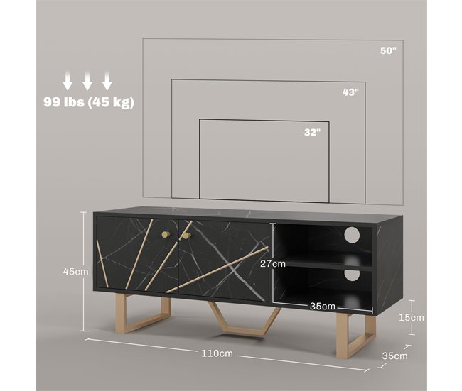 Conforama HOMCOM Mueble De TV Mesa De TV Con 2 Puertas Estante Ajustable Y Efecto Mármol Mueble De TV Para Salón Para Televisores De 50 Pulgadas Negro Y Dorado