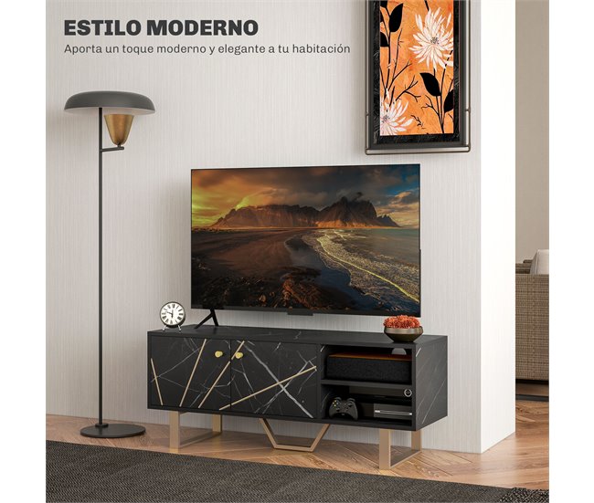Conforama HOMCOM Mueble De TV Mesa De TV Con 2 Puertas Estante Ajustable Y Efecto Mármol Mueble De TV Para Salón Para Televisores De 50 Pulgadas Negro Y Dorado