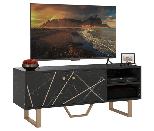 Conforama HOMCOM Mueble de TV Mesa de TV con 2 Puertas Estante Ajustable y Efecto Mármol Mueble de TV para Salón para Televisores de 50 Pulgadas Negro y Dorado