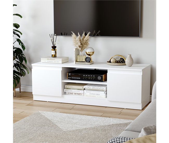 Conforama HOMCOM Mueble De TV Moderno Mesa De TV De Salón Con 2 Puertas 2 Estantes Abiertos Mueble Para Televisores De 55 Pulgadas 120x39 5x40 Cm Blanco