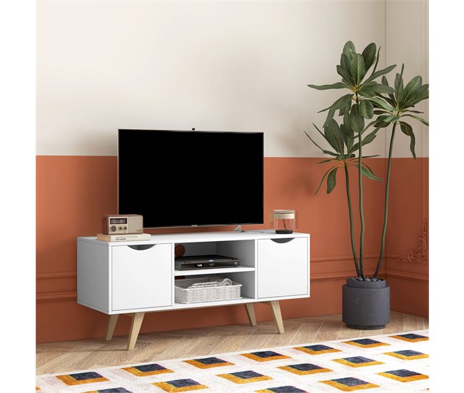 Conforama HOMCOM Mueble De TV Moderno Mueble Para Televisores De 50 Pulgadas Mesa De TV Para Salón Con 2 Puertas 2 Estantes Abiertos Y Patas De Madera 110x39x50 Cm Blanco