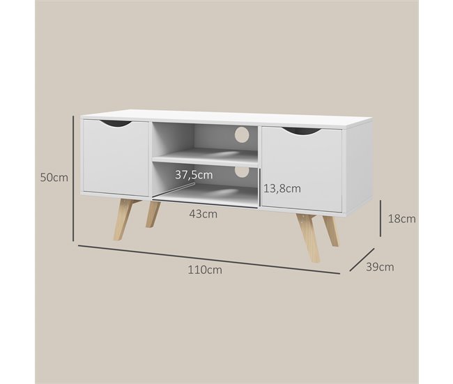 Conforama HOMCOM Mueble De TV Moderno Mueble Para Televisores De 50 Pulgadas Mesa De TV Para Salón Con 2 Puertas 2 Estantes Abiertos Y Patas De Madera 110x39x50 Cm Blanco