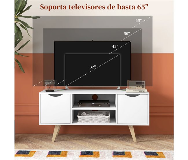 Conforama HOMCOM Mueble De TV Moderno Mueble Para Televisores De 50 Pulgadas Mesa De TV Para Salón Con 2 Puertas 2 Estantes Abiertos Y Patas De Madera 110x39x50 Cm Blanco
