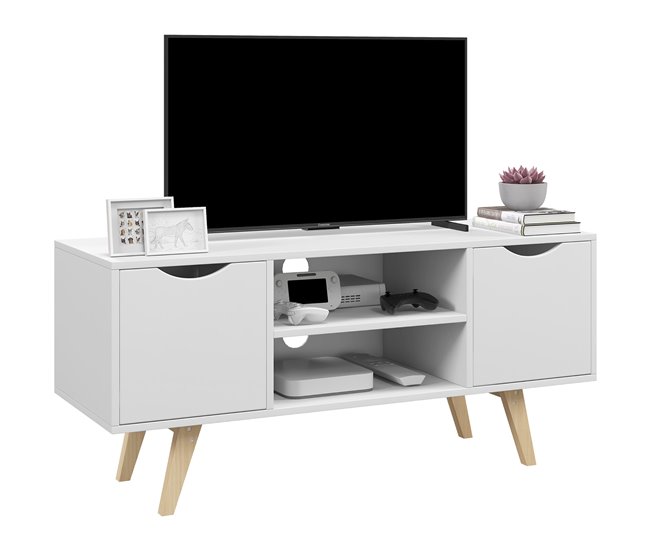 Conforama HOMCOM Mueble de TV Moderno Mueble para Televisores de 50 Pulgadas Mesa de TV para Salón con 2 Puertas 2 Estantes Abiertos y Patas de Madera 110x39x50 cm Blanco