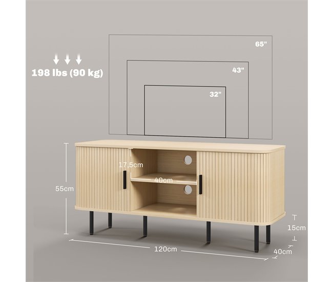 Conforama HOMCOM Mueble De TV Vintage Mesa De TV De Salón Con 2 Puertas Correderas De Tambor 2 Estantes Abiertos Mueble Para Televisores De 55 Pulgadas 120x40x55 Cm Roble