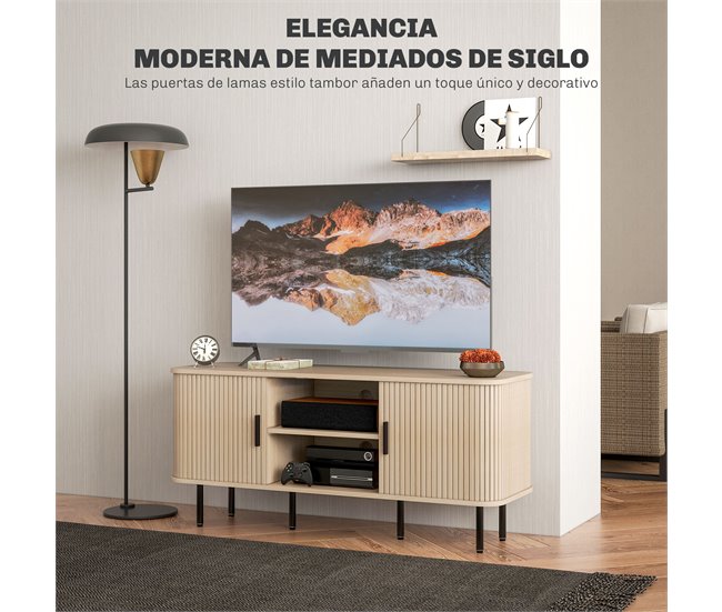 Conforama HOMCOM Mueble De TV Vintage Mesa De TV De Salón Con 2 Puertas Correderas De Tambor 2 Estantes Abiertos Mueble Para Televisores De 55 Pulgadas 120x40x55 Cm Roble