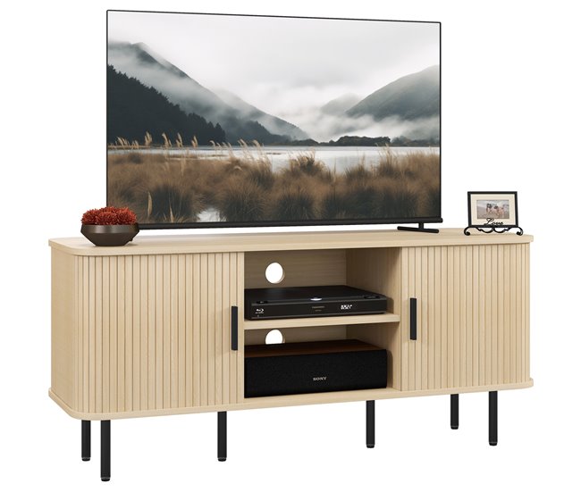 Conforama HOMCOM Mueble de TV Vintage Mesa de TV de Salón con 2 Puertas Correderas de Tambor 2 Estantes Abiertos Mueble para Televisores de 55 Pulgadas 120x40x55 cm Roble