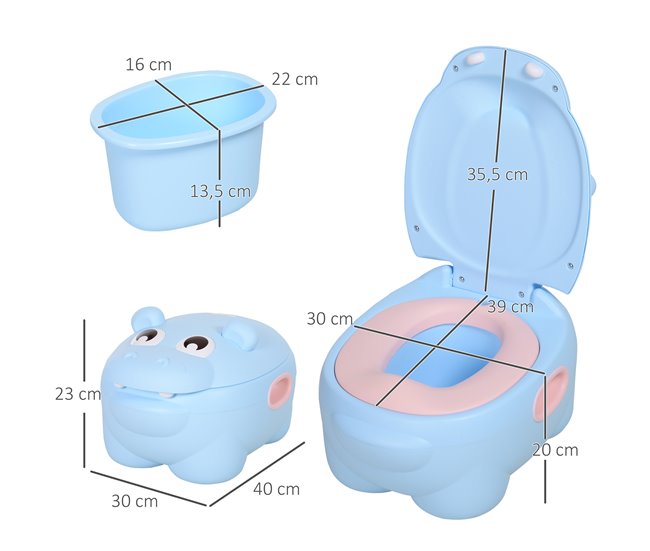 Conforama HOMCOM Orinal Para Bebés En Forma De Hipopótamo 2 En 1 Con Tapa Cubo Extraíble Y Cepillo Inodoro Para Aprender Entrenamiento Carga 25 Kg 40x30x23 Cm Azul