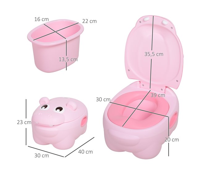 Conforama HOMCOM Orinal Para Bebés En Forma De Hipopótamo 2 En 1 Con Tapa Cubo Extraíble Y Cepillo Inodoro Para Aprender Entrenamiento Carga 25 Kg 40x30x23 Cm Rosa