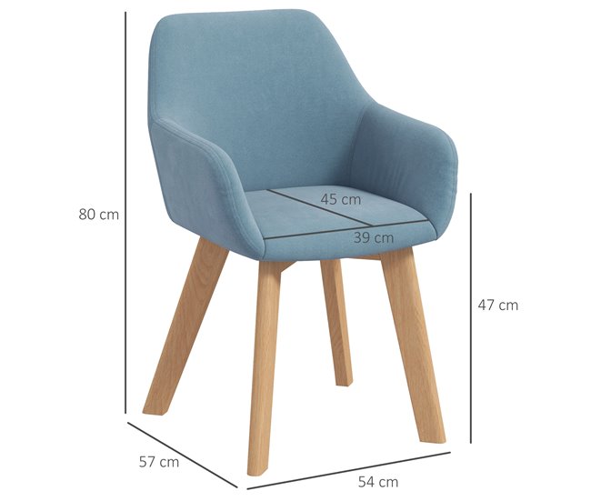 Conforama HOMCOM Pack De 2 Sillas De Comedor Modernas Sillas De Cocina Tapizado En Terciopelo Con Respaldo Reposabrazos Y Patas De Madera Carga 120 Kg Para Salón Dormitorio 54x57x80 Cm Azul Claro