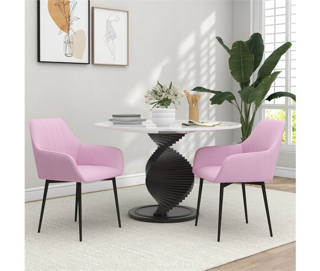 Conforama HOMCOM Pack De 2 Sillas De Comedor Sillas Decorativas Tapizadas En Lino Sillas De Cocina Con Respaldo Reposabrazos Y Patas De Metal Para Salón 59 5x56 5x81 Cm Rosa