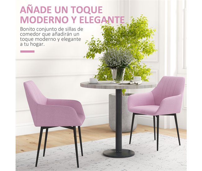 Conforama HOMCOM Pack De 2 Sillas De Comedor Sillas Decorativas Tapizadas En Lino Sillas De Cocina Con Respaldo Reposabrazos Y Patas De Metal Para Salón 59 5x56 5x81 Cm Rosa