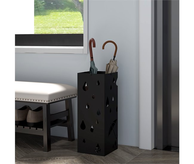 Conforama HOMCOM Paragüero De Acero Paragüero Negro Con 4 Ganchos Y Bandeja De Goteo Extraíble Porta Paraguas Diseño Tallado Para Pasillo Entrada 15 5x15 5x41 Cm