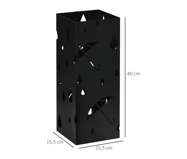Conforama HOMCOM Paragüero De Acero Paragüero Negro Con 4 Ganchos Y Bandeja De Goteo Extraíble Porta Paraguas Diseño Tallado Para Pasillo Entrada 15 5x15 5x41 Cm