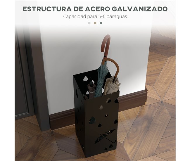 Conforama HOMCOM Paragüero De Acero Paragüero Negro Con 4 Ganchos Y Bandeja De Goteo Extraíble Porta Paraguas Diseño Tallado Para Pasillo Entrada 15 5x15 5x41 Cm