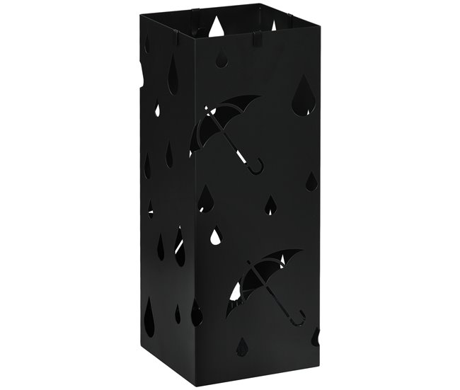 Conforama HOMCOM Paragüero de Acero Paragüero Negro con 4 Ganchos y Bandeja de Goteo Extraíble Porta Paraguas Diseño Tallado para Pasillo Entrada 15 5x15 5x41 cm