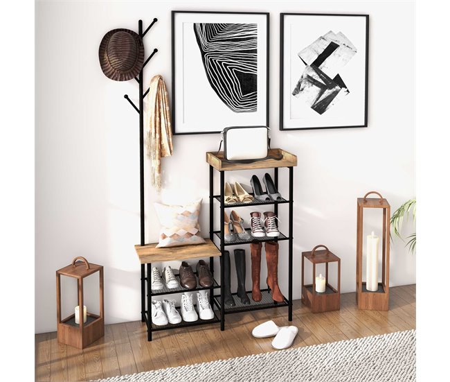 Conforama HOMCOM Perchero Con Zapatero Con 5 Estantes Perchero Zapatero Recibidor Con 6 Ganchos Para Colgar Bolsos Ropa Estilo Industrial Para Pasillo Entrada 92 5x28 2x182 Cm Marrón Rústico