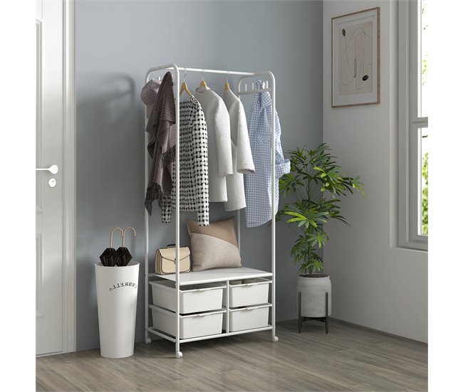 Conforama HOMCOM Perchero Con Zapatero Moderno Con 8 Ganchos 4 Cestas Para Zapatos Perchero Entrada Con Ruedas Y Marco De Acero Para Salón Dormitorio Pasillo 63x37x153 Cm Blanco