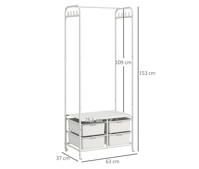 Conforama HOMCOM Perchero Con Zapatero Moderno Con 8 Ganchos 4 Cestas Para Zapatos Perchero Entrada Con Ruedas Y Marco De Acero Para Salón Dormitorio Pasillo 63x37x153 Cm Blanco