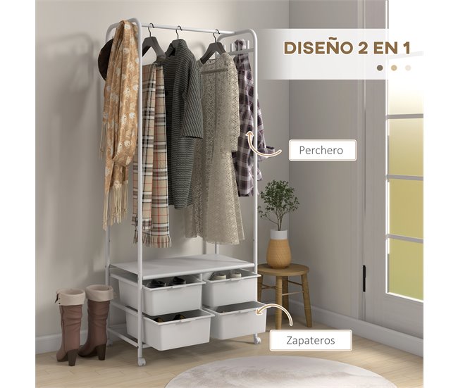 Conforama HOMCOM Perchero Con Zapatero Moderno Con 8 Ganchos 4 Cestas Para Zapatos Perchero Entrada Con Ruedas Y Marco De Acero Para Salón Dormitorio Pasillo 63x37x153 Cm Blanco