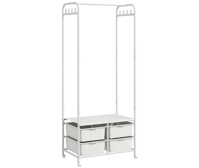 Conforama HOMCOM Perchero con Zapatero Moderno con 8 Ganchos 4 Cestas para Zapatos Perchero Entrada con Ruedas y Marco de Acero para Salón Dormitorio Pasillo 63x37x153 cm Blanco